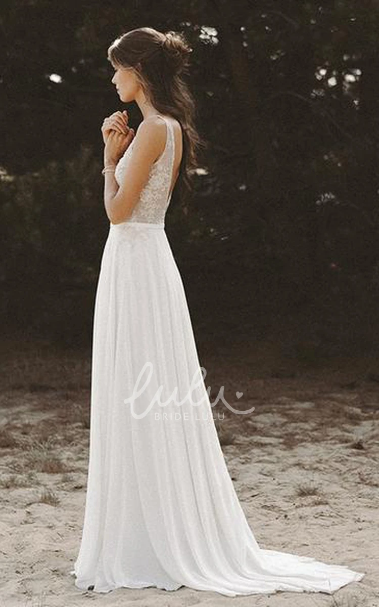 Chiffon Lace Low-V Back Wedding Dress with Beading A-Line Sleeveless Sexy Illusion