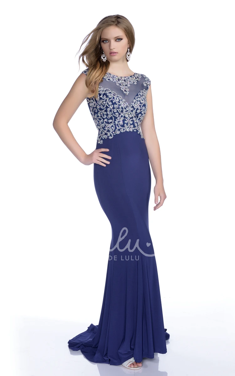 Mermaid Jersey Cap Sleeve Prom Dress Rhinestone Court Train Women's Modern