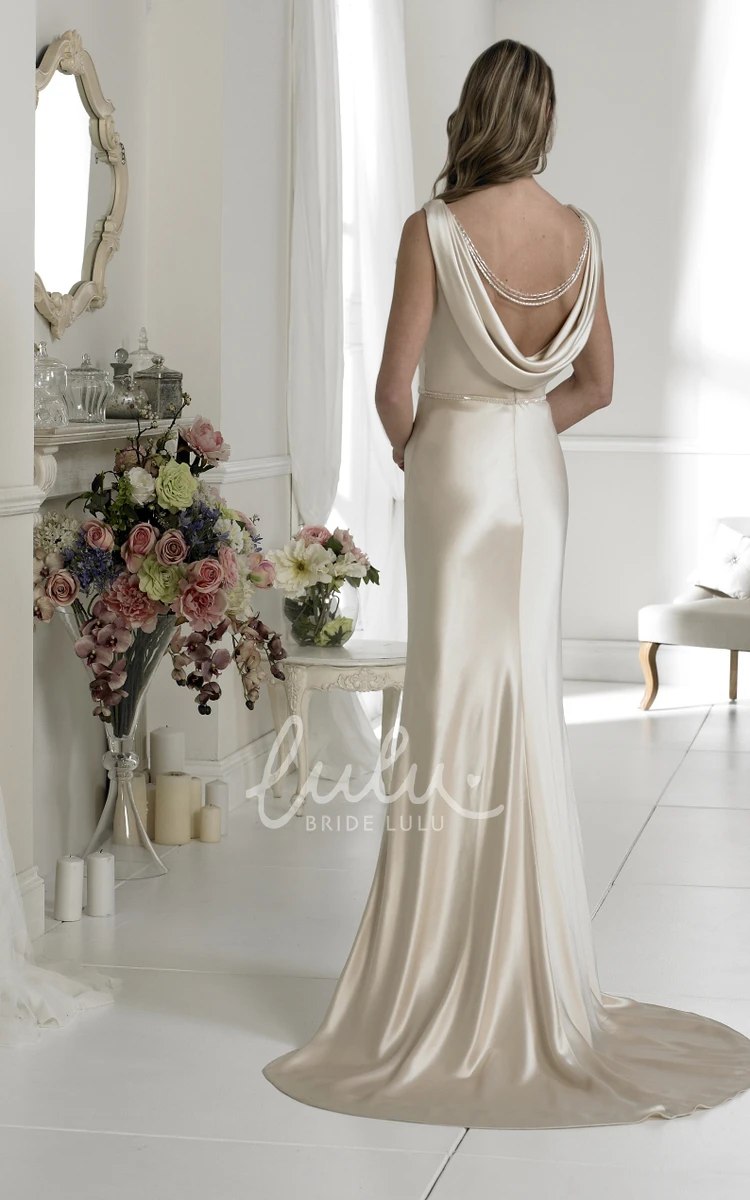 Satin Cowl-Neck Sleeveless Wedding Dress with Waist Jewelry Sheath Style