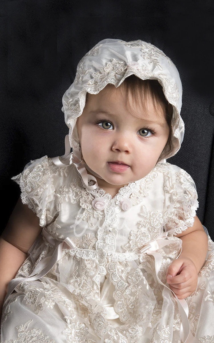 Lace Christening Gown with Appliques and Ribbons Delicate Christening Dress