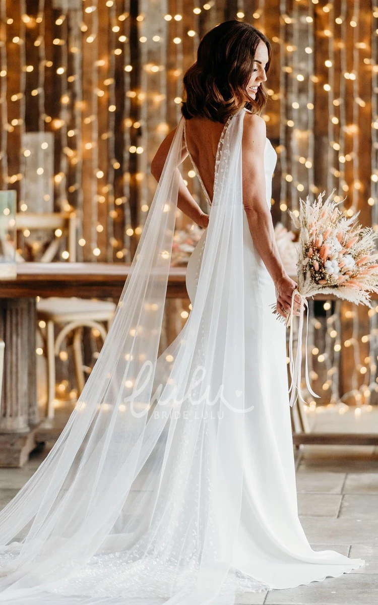 V-neck Sleeveless Casual Simple Mermaid Wedding Dress for Women Floor-length with V Back Long Train