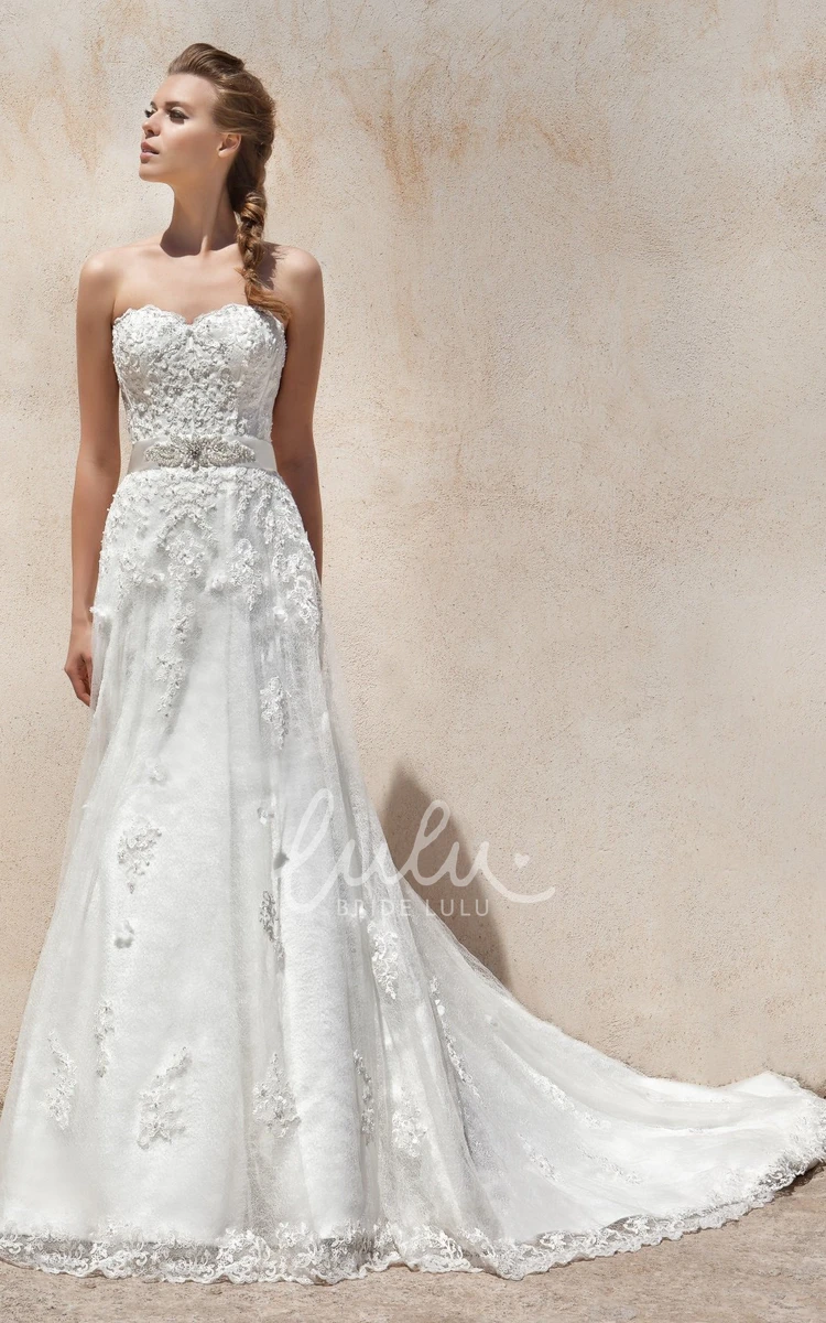 Sweetheart Appliqued Tulle&Lace Sheath Wedding Dress Sleeveless Floor-Length Waist Jewellery Bow