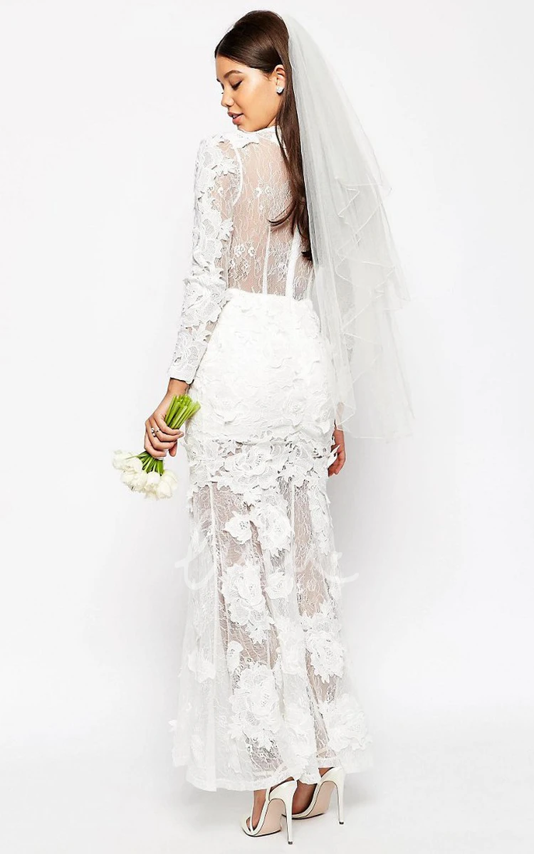 High Neck Sheath Lace Wedding Dress Long-Sleeve Illusion Bride Gown