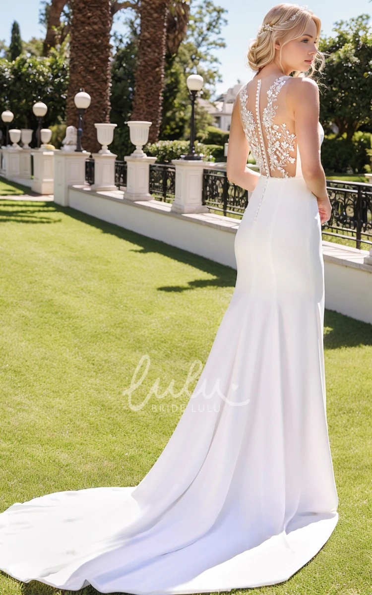 Elegant Garden Mermaid Plunging Neckline Satin Floor-length Sleeveless Bridal Dress Vintage Sexy Flower Appliques Button Illusion Back Lace Sash Wedding Gown with Train