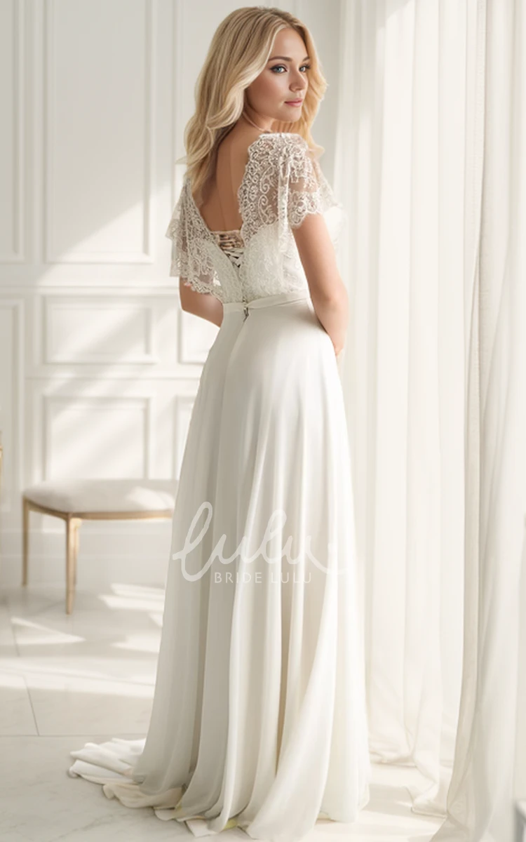 Simple Casual Long Lace Chiffon Wedding Dress with Modest Short Sleeves Ethereal Stunning Sweetheart Tied Back Gown
