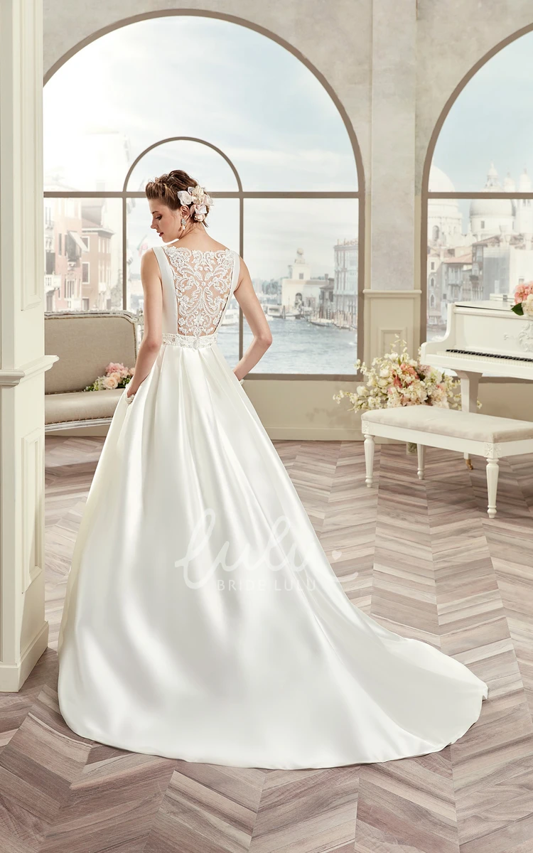 Satin A-Line Wedding Dress with Jewel-Neck and Illusive Lace Back Cap Sleeves