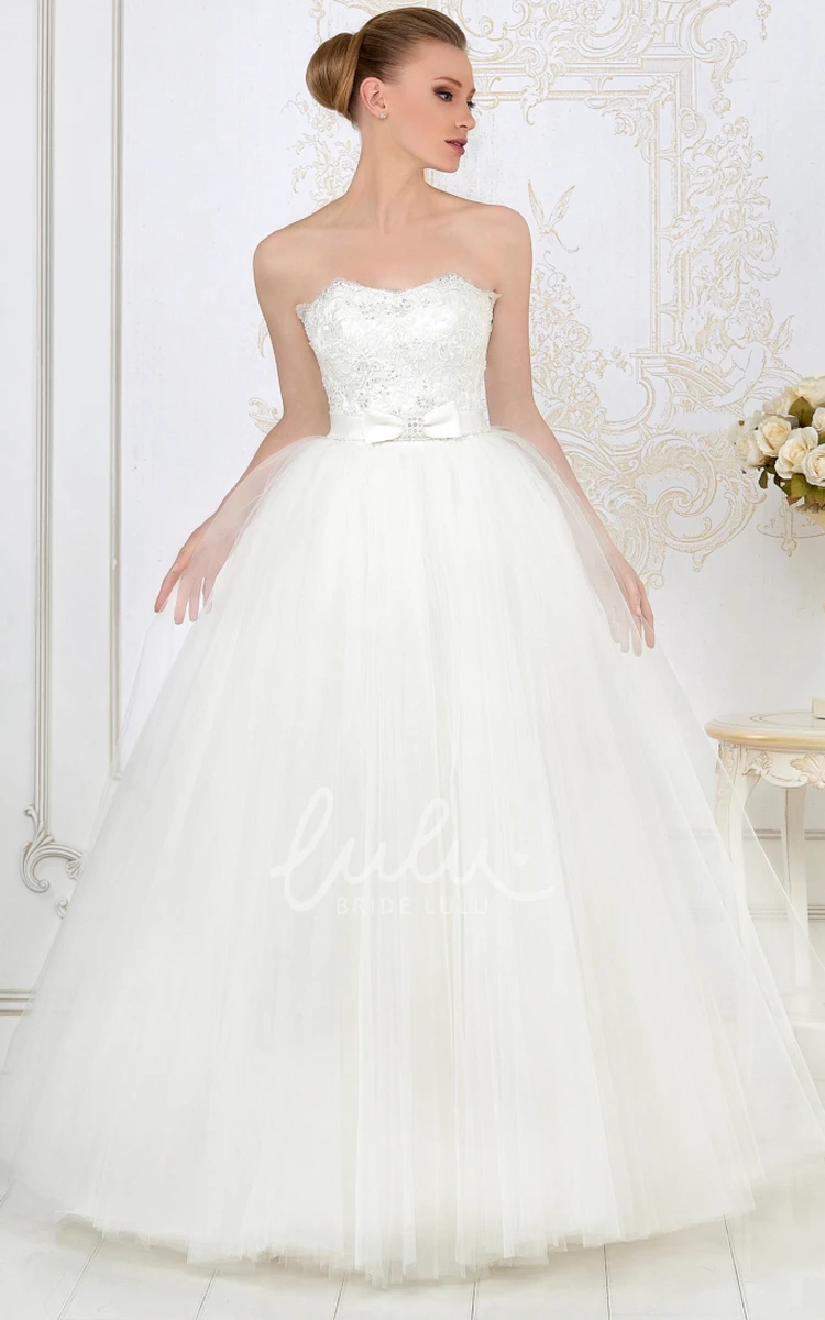 Strapless Tulle Ball Gown Wedding Dress with Appliques and Bow Floor-Length