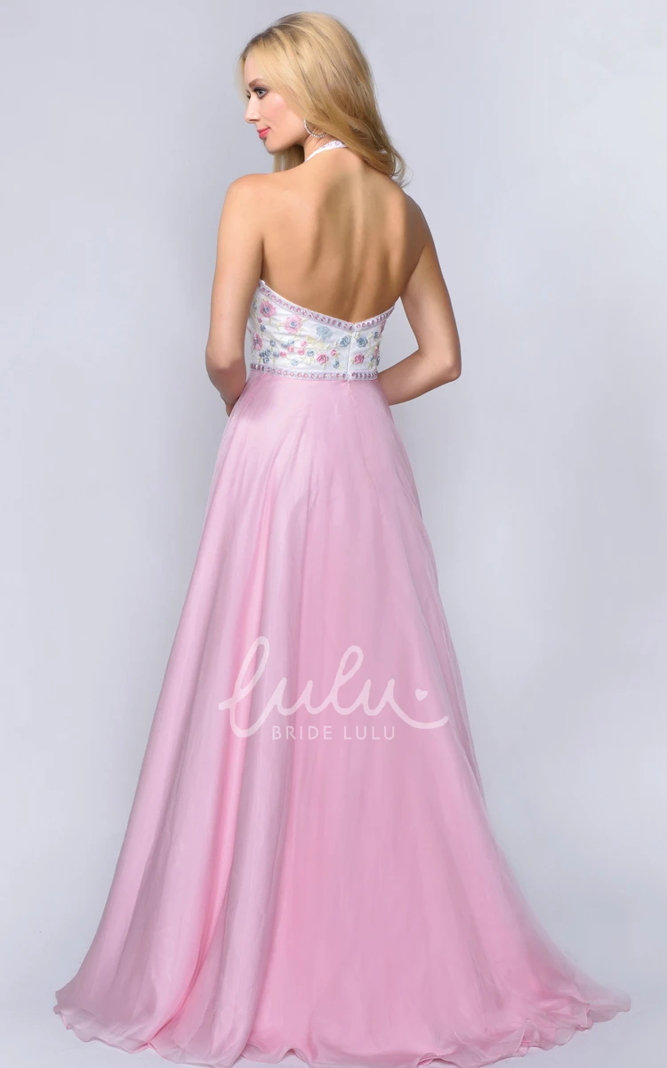 Halter Backless A-Line Prom Dress with Appliques and Flower