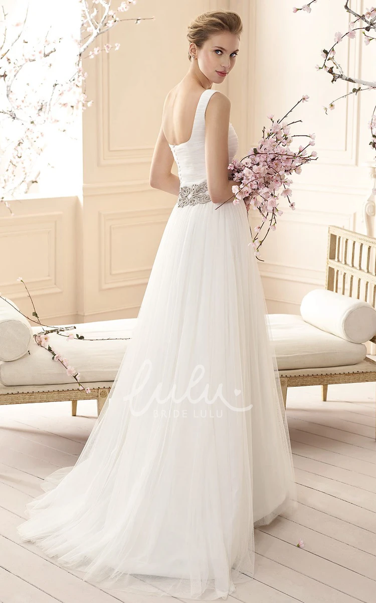 Ruched A-Line Square-Neck Maxi Tulle Wedding Dress with Waist Jewelry Stunning Bridal Gown