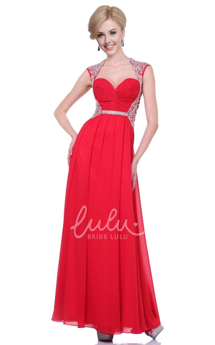 Ankle-Length Chiffon A-Line Dress with Queen Anne Neckline Ruching and Beading