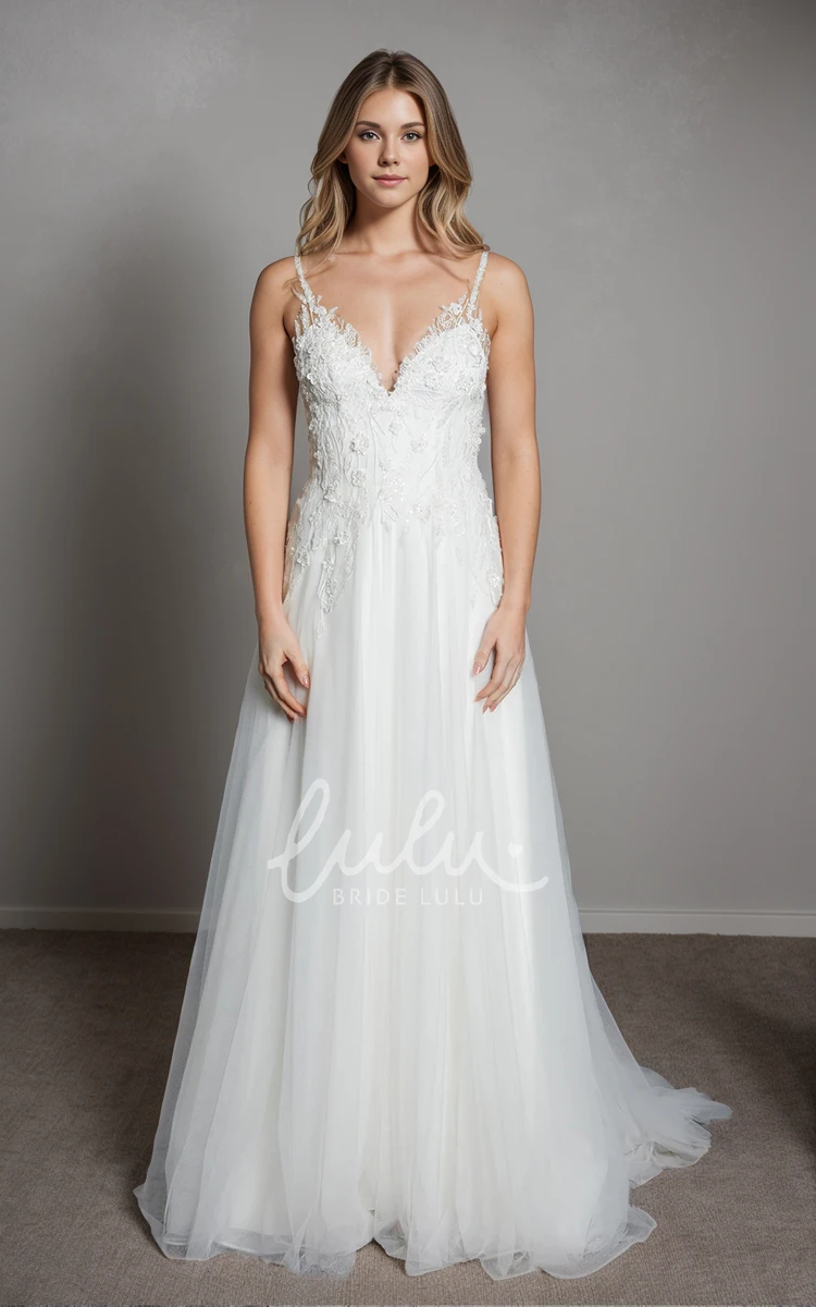 Elegant Sexy A-Line Straps Sleeveless Lace Flowers Tulle Wedding Dress Ethereal Romantic Garden Floor-length V-neck Bridal Gown with Train Deep-V Back