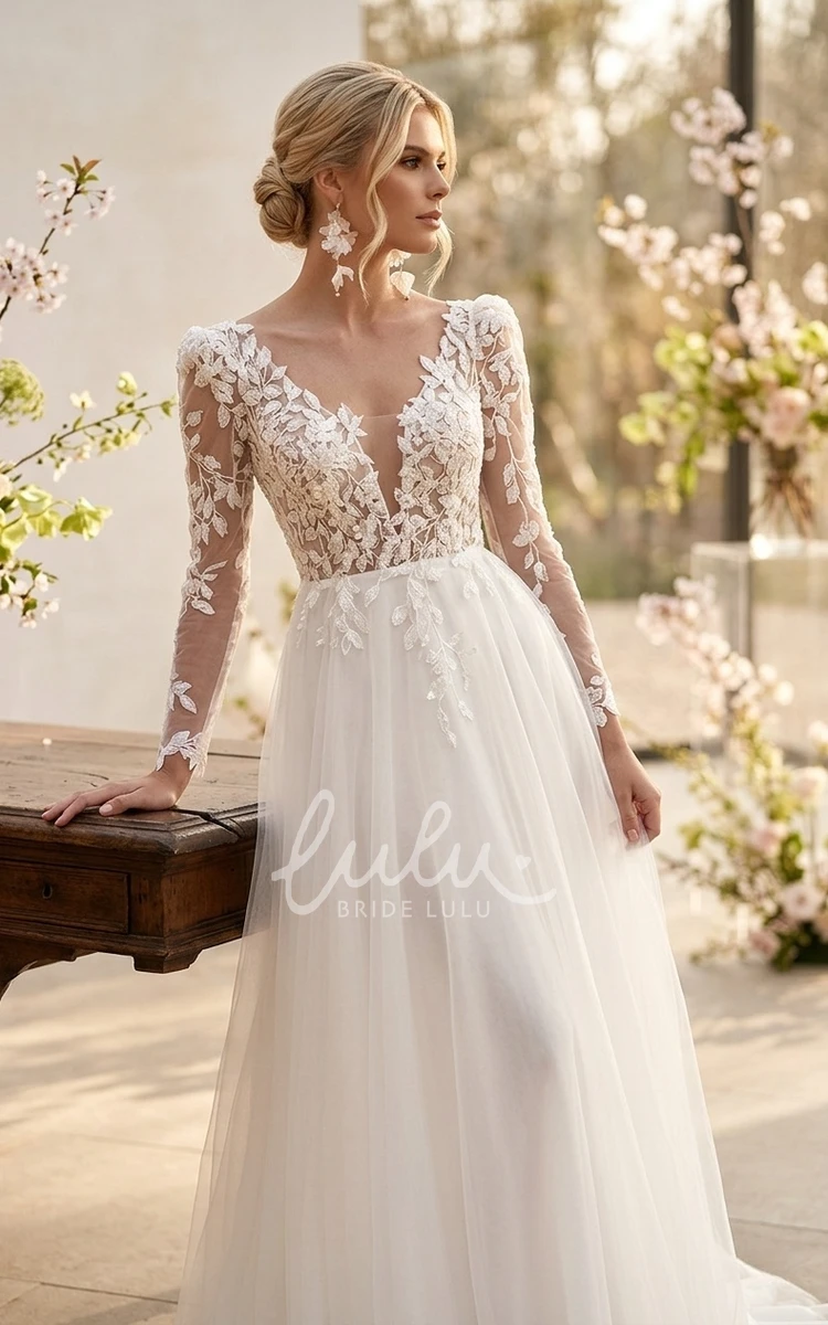Modern Sexy A-Line Boho Sheer Long Sleeve Spring Wedding Dress Delicate Flowy V-Neck Backless Floor Length Bridal Gown with Appliques