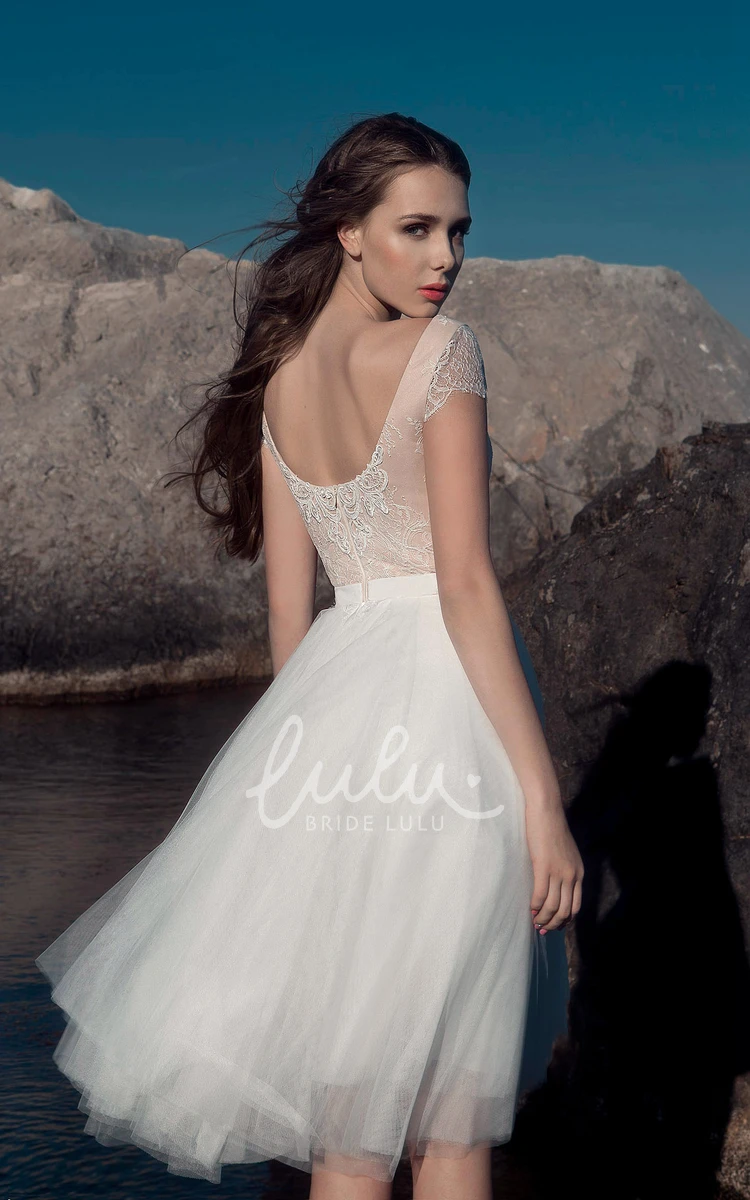 Illusion Tulle Lace A-Line Knee-Length Wedding Dress with Cap Sleeves