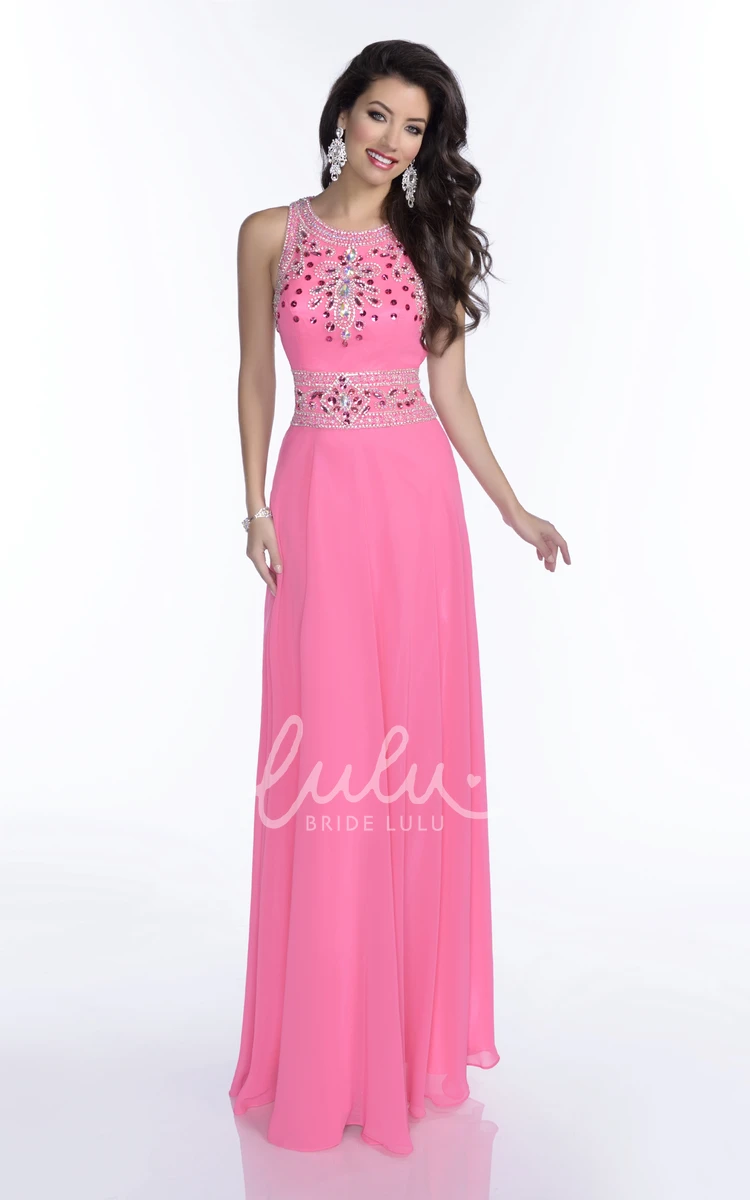 Sheath Chiffon Prom Dress with Jeweled Neckline & Keyhole Back Sleeveless