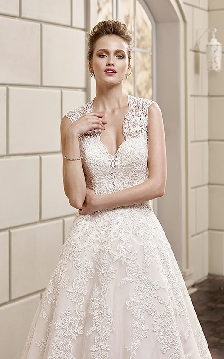 Lace Cap-Sleeve V-Neck A-Line Wedding Dress with Appliques