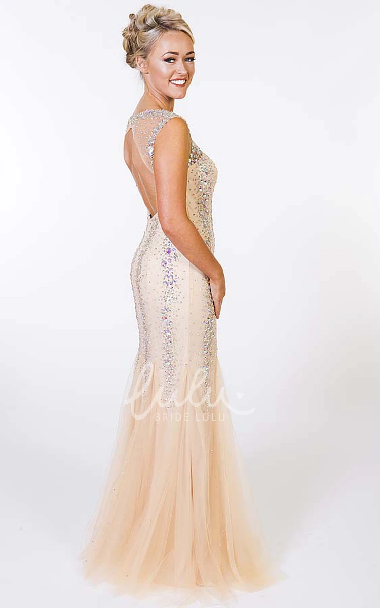 Sleeveless Beaded Sheath Tulle Prom Dress Scoop-Neck Floor-Length