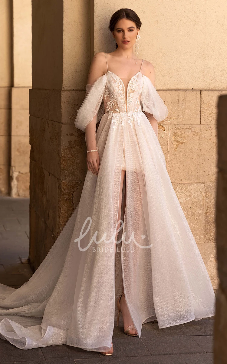 Romantic A Line Tulle Off-shoulder Wedding Dress with Split Front Half Sleeve