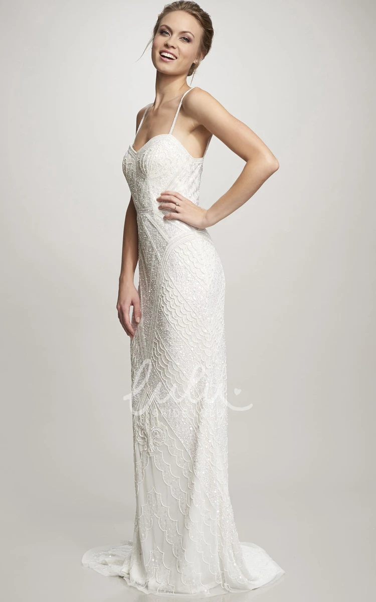 Beaded Chiffon Spaghetti Wedding Dress Maxi Sweep Train