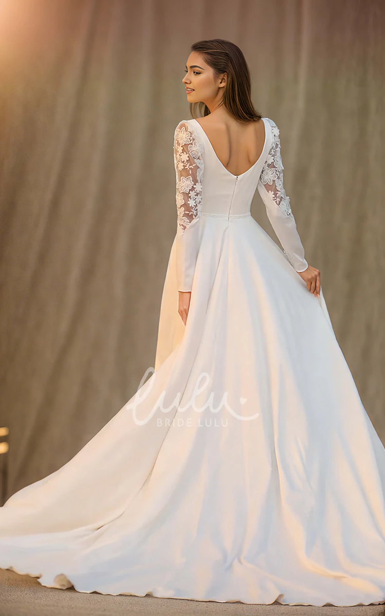 Solid Elegant Satin Appliques V-neck A-Line Wedding Dress Ethereal Sexy Flowers Long Sleeve Floor-length with Train Zipper V Back Bridal Gown