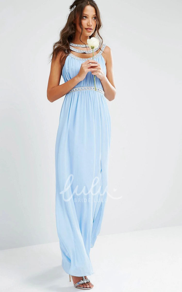 Scoop-Neck Ruched Chiffon Bridesmaid Dress with Beading Sheath Floor-Length