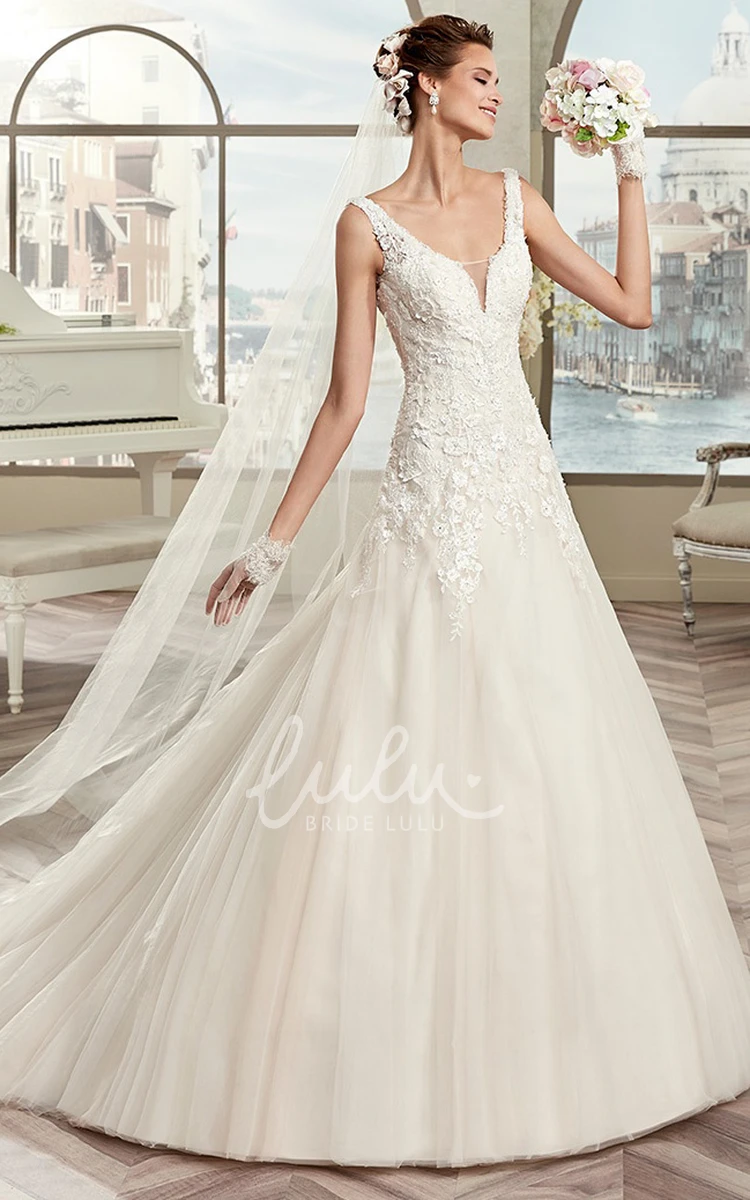 Cap-Sleeve A-Line Wedding Dress with V-Neck and Brush Train