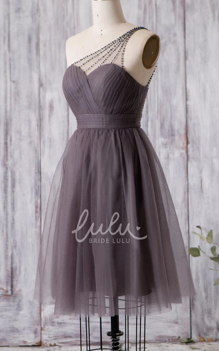 Knee Length Tulle Bridesmaid Dress with Sweetheart Beaded Single Strap
