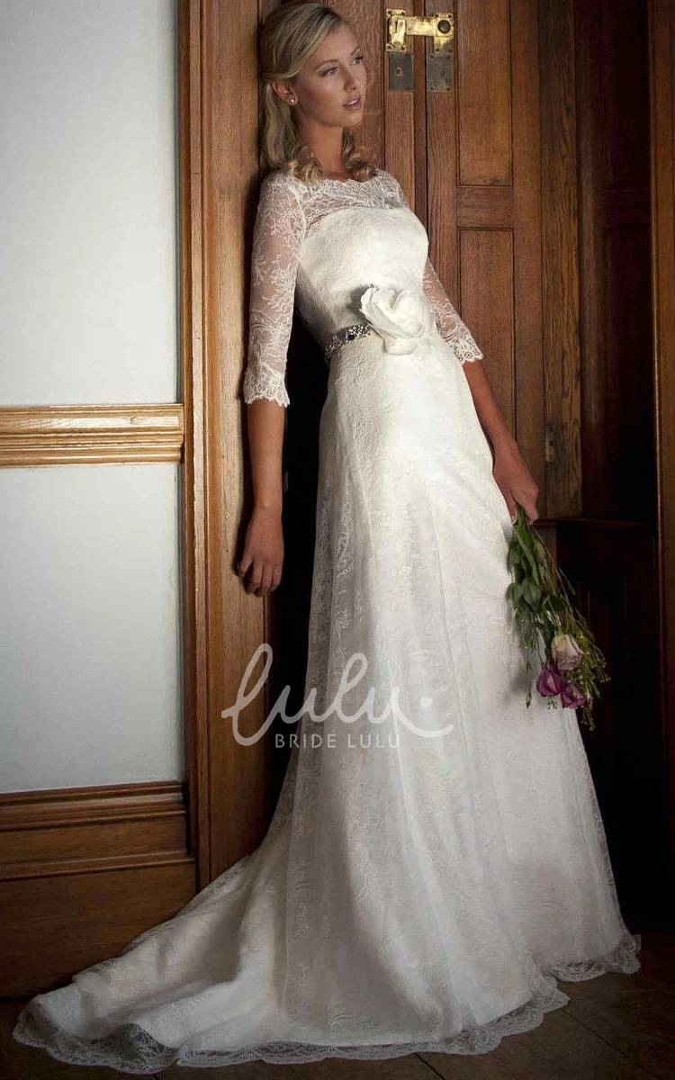 Half-Sleeve Lace Sheath Wedding Dress with Bateau-Neck and Waist Jewelry