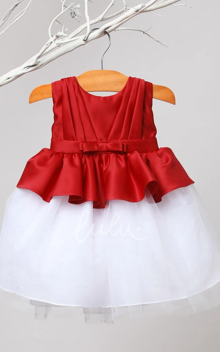 Tiered Tulle and Satin Peplum Flower Girl Dress with Pleats and Sash Knee-Length