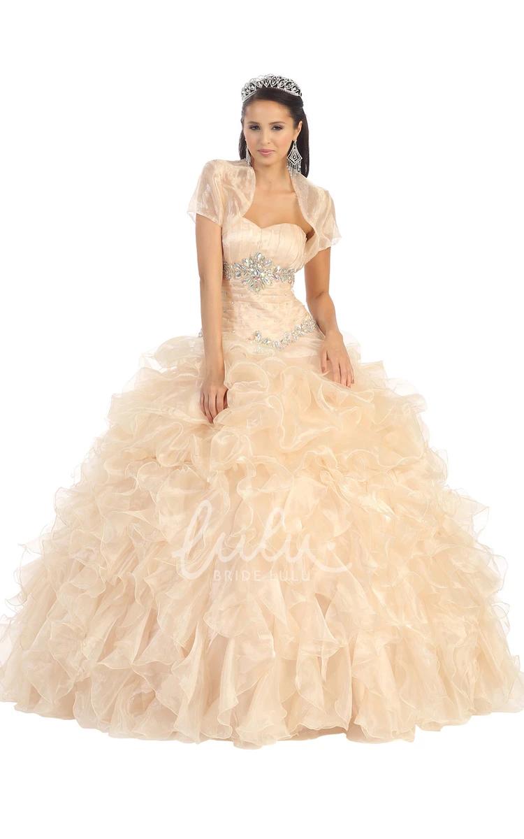 Jeweled Waist Organza Ruffled Ball Gown Dress Strapless Sleeveless