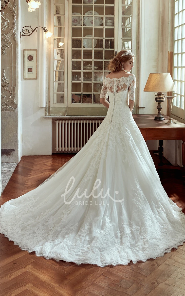 A-line Court Train Wedding Dress with Off-Shoulder and Half Sleeves Classic Bridal Gown