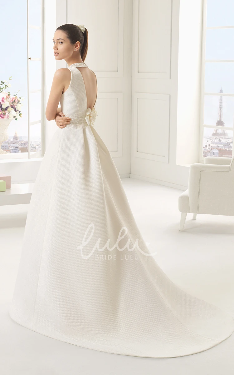 Sleevless High-neck Brush Train Dress with Keyhole Back and Bow for Brides