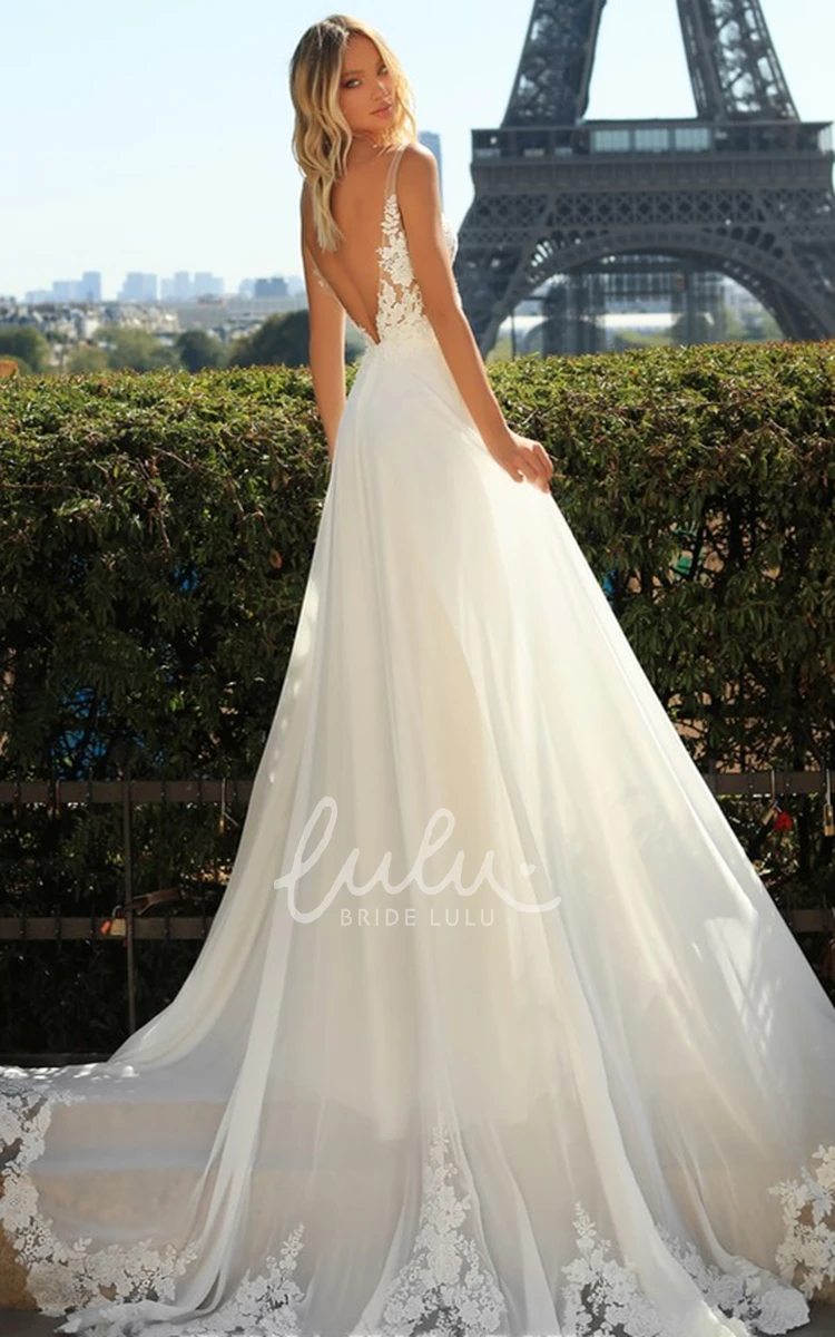Elegant A Line Wedding Dress with Appliques Plunging Neck and Chiffon/Tulle Fabric Bridal Gown