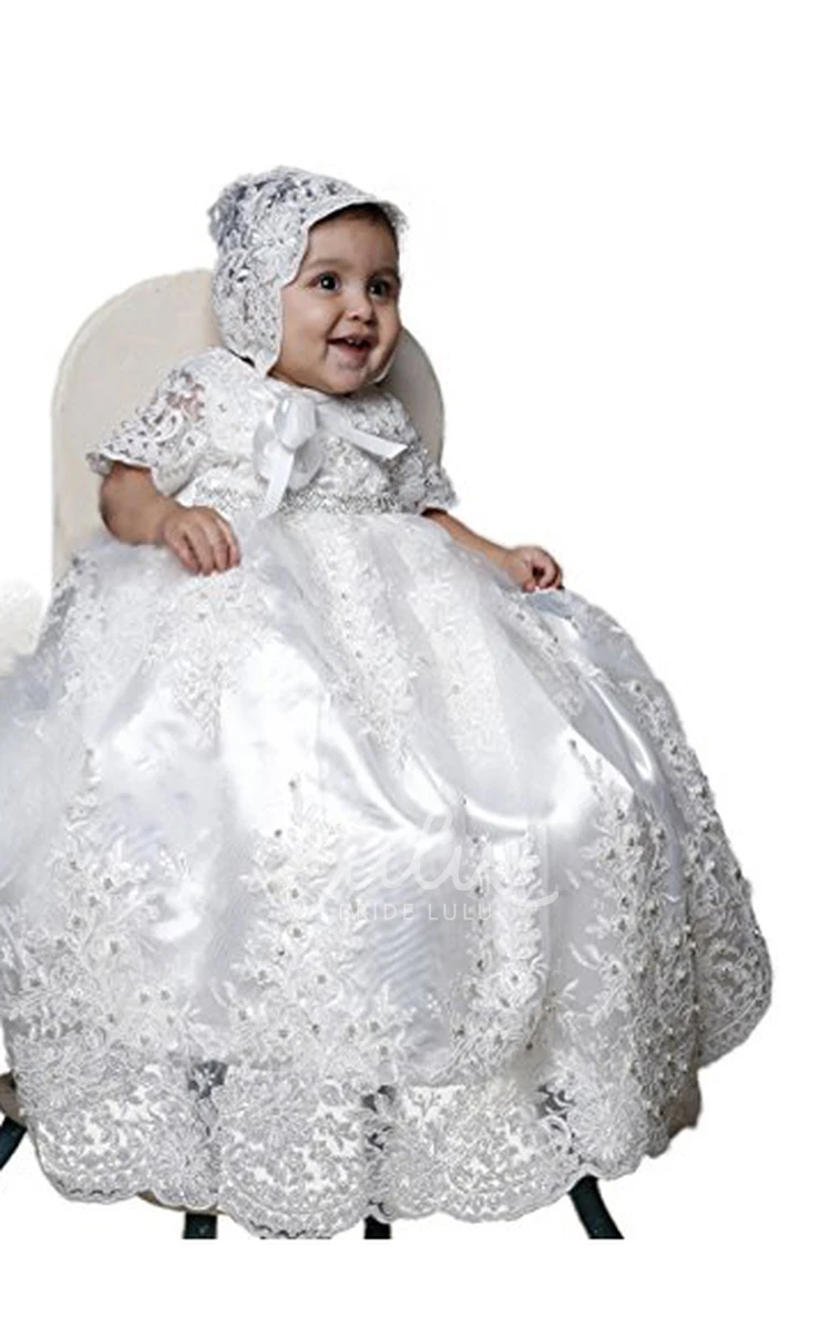 Charming Lace Applique Christening Dress with Beaded Belt