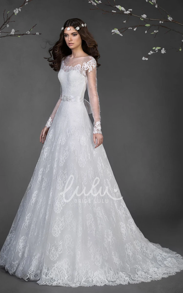 Long-Sleeve Lace A-Line Wedding Dress with Waist Jewelry