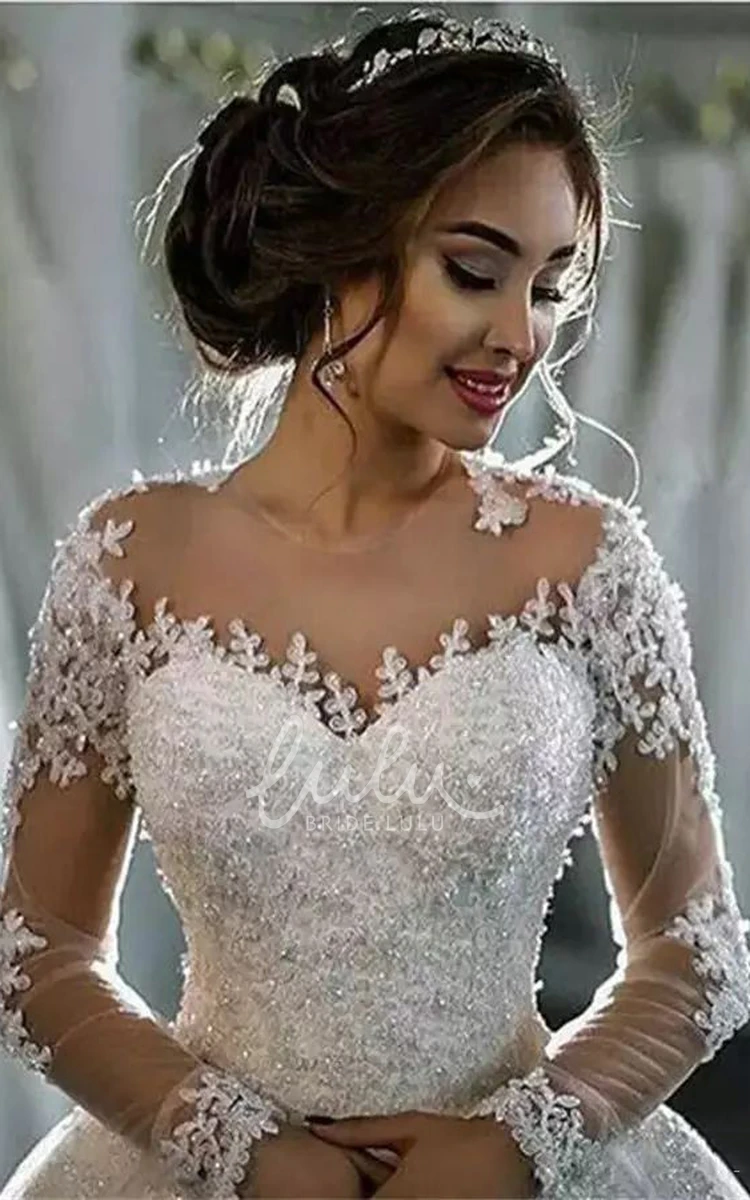 Illusion A-Line Lace Tulle Wedding Dress with Jewel Neckline