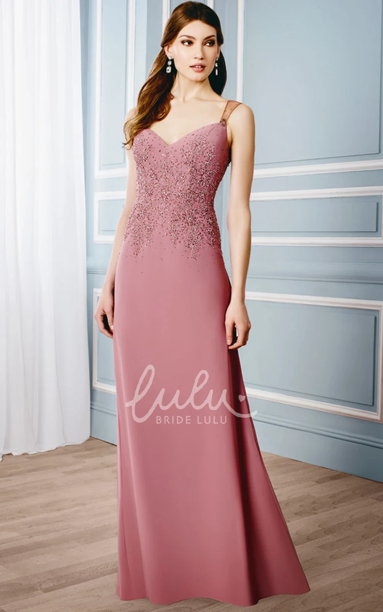 Sleeveless V-Neck Appliqued Jersey Formal Dress with Illusion Back