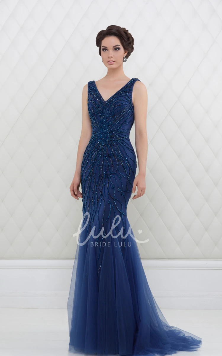 Beaded Trumpet Prom Dress with V-Neck and Long Sleeves