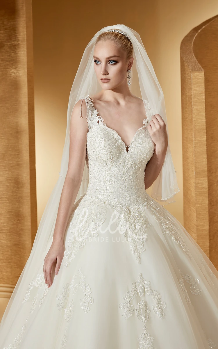 Cap Sleeve V-Neck Ball Gown with Lace Bodice Elegant Bridal Gown