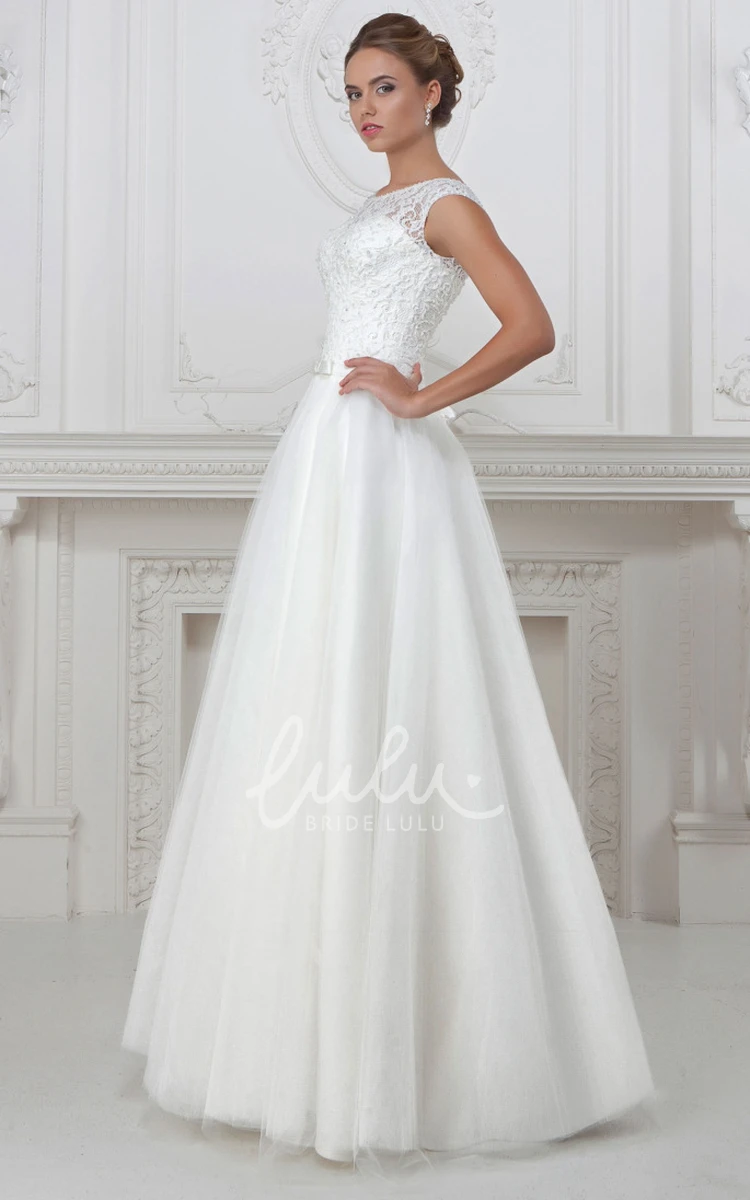 Cap-Sleeve Floor-Length Scoop-Neck Lace&Tulle&Satin A-Line Wedding Dress Modern Bridal Gown