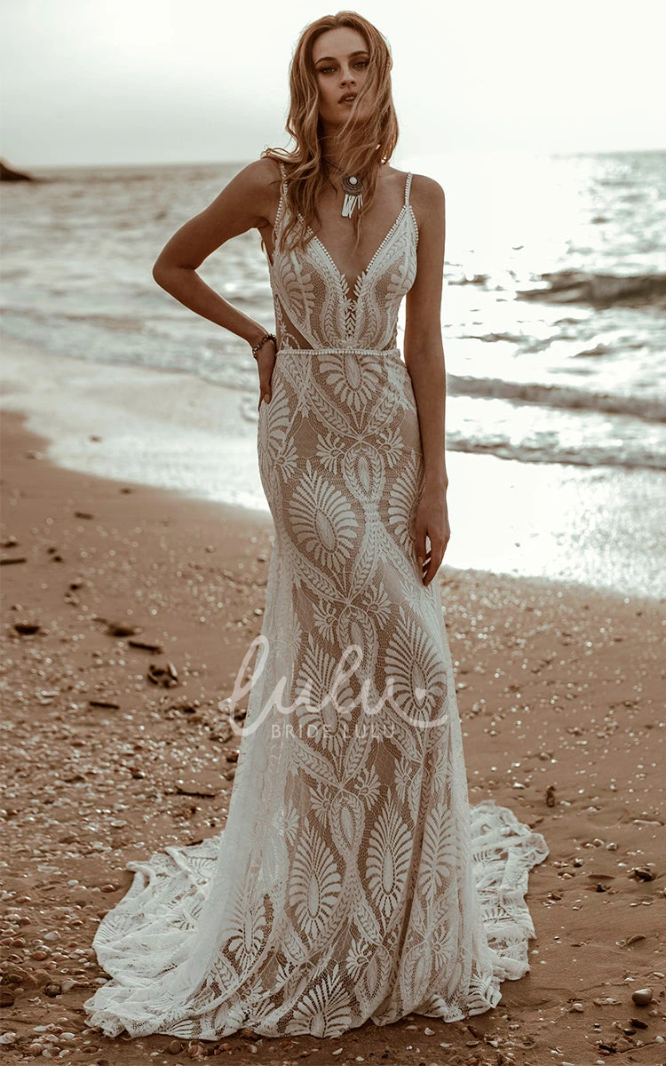 Vintage Elegant Beach Mermaid Boho Lace Wedding Dress with Plunging V-Neck and Court Train