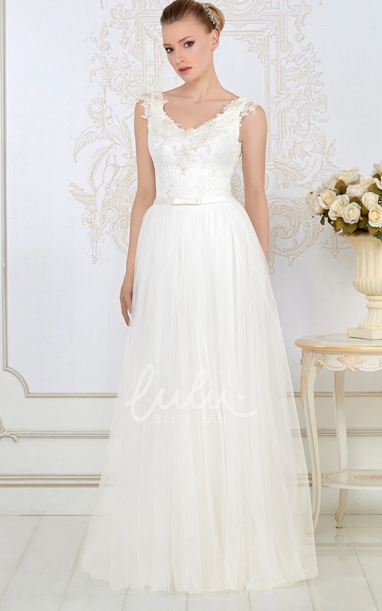 Pleated Tulle A-Line Wedding Dress Sleeveless V-Neck Floor-Length Appliqued