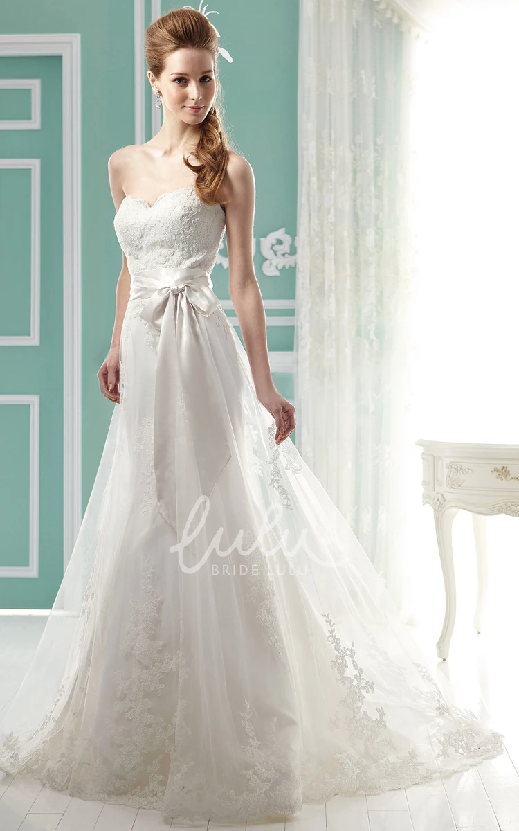 Long Sweetheart Wedding Dress with Bow Sash and Appliques