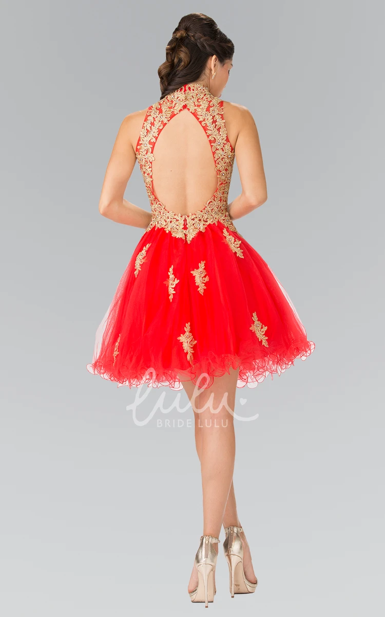 Tulle A-Line Dress With Ruffles Appliques and High Neck