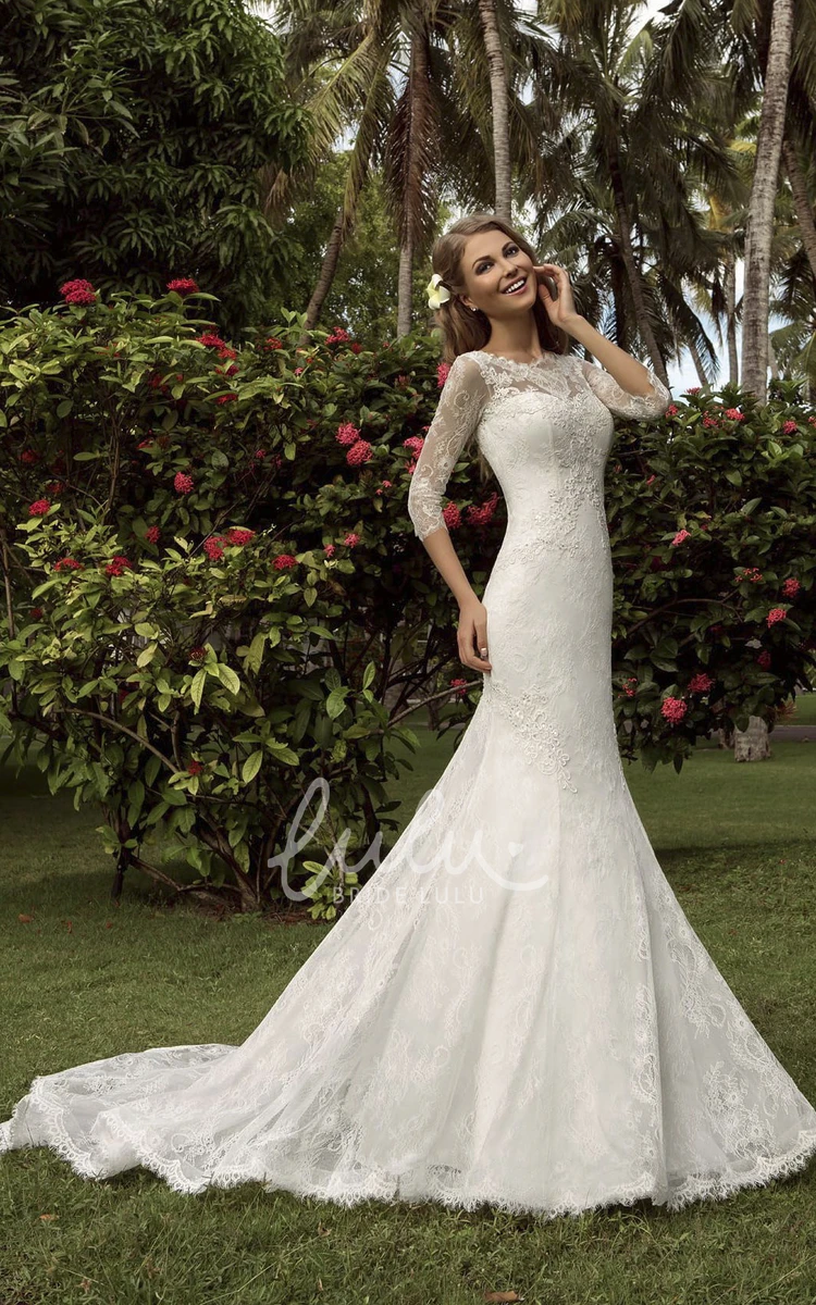 Lace Trumpet Floor-Length Wedding Dress with Scoop-Neck and T-Shirt Sleeves