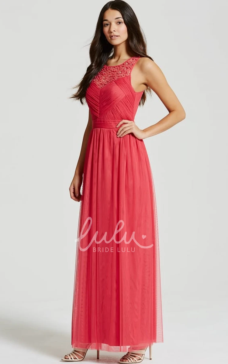 Bateau Neck Tulle Bridesmaid Dress with Beading Ankle-Length