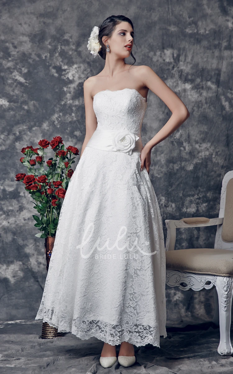 Ankle Length Lace Wedding Dress with Elegant Strapless Design and Flower