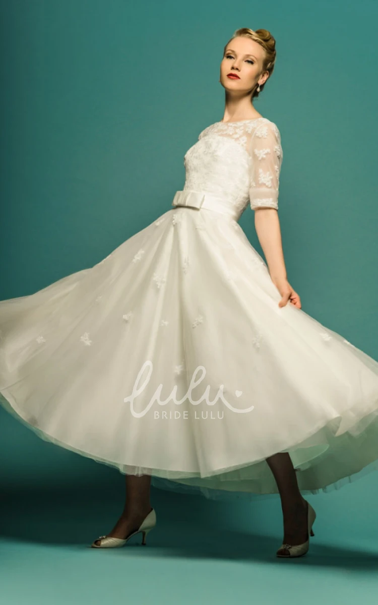 Appliqued Tulle A-Line Wedding Dress Tea-Length Half Sleeve Scoop Neck