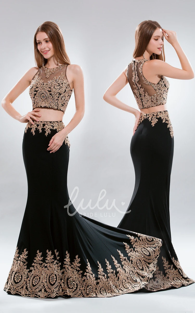 Jewel-Neck Sleeveless Two-Piece Sheath Formal Dress with Appliques