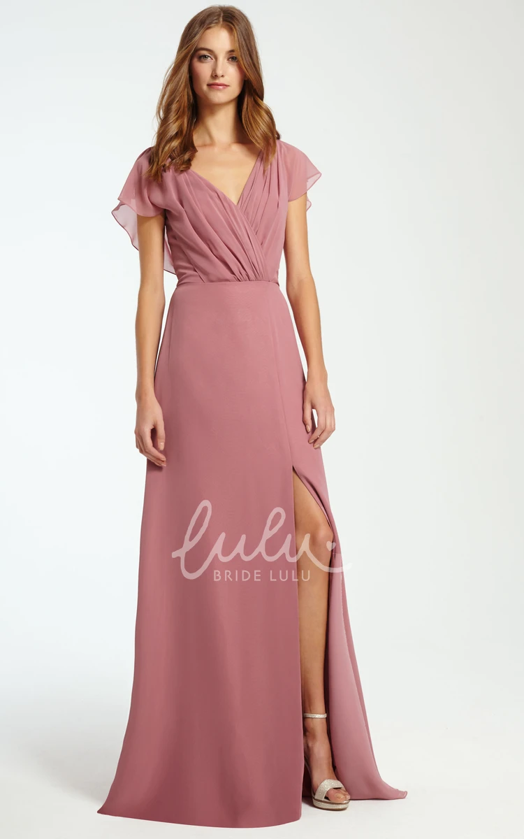 Chiffon Bridesmaid Dress with Split Front Sleeveless V-Neck Ruched