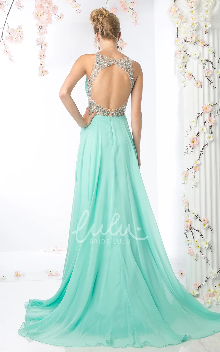 A-Line Empire Chiffon Keyhole Dress with Beading and Draping V-Neckline